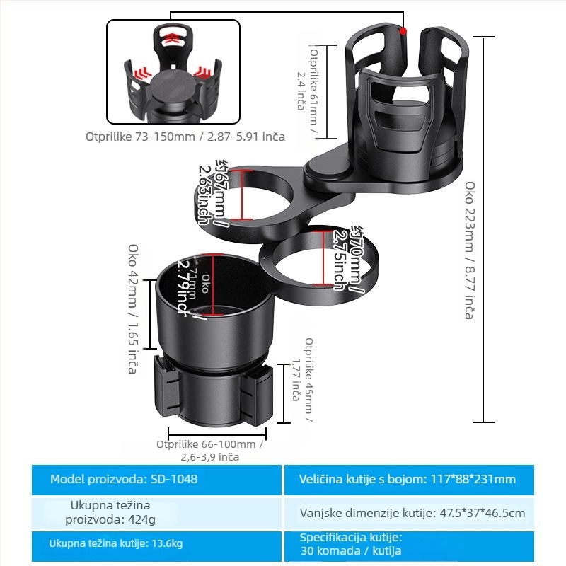 Shunwei SD-1039 Držač čaše u automobilu – ABS/PC, Kompatibilan s originalnim držačem čaša, prilagodljiv