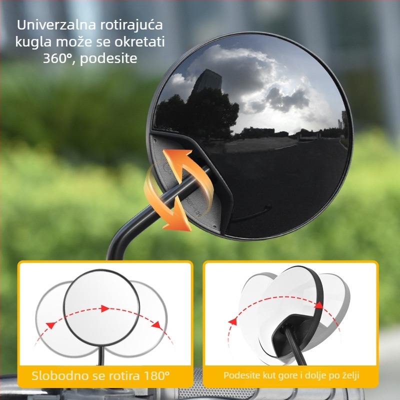 HD retrovizor za električna vozila – kratka osovina, kružno konveksno ogledalo, 180° podešavanje, montaža s dvostrukim 8 mm otvorima