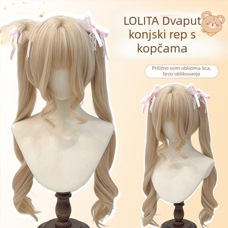 Ženska perika s prirodnim mladenačkim izgledom, dvostruke repove, klips s tigrovimi ustima, rimske kovrče, Lolita stil