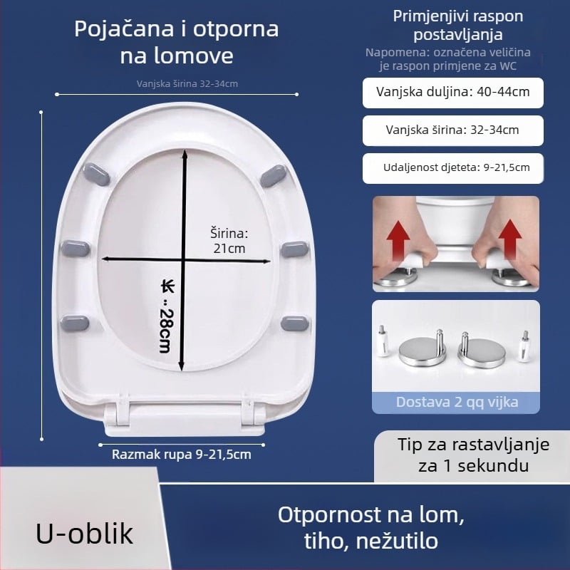 Toaletni poklopac s mekim zatvaranjem; tip UOV; od PP ploče; U-oblik; razmak rupa 8–25 mm