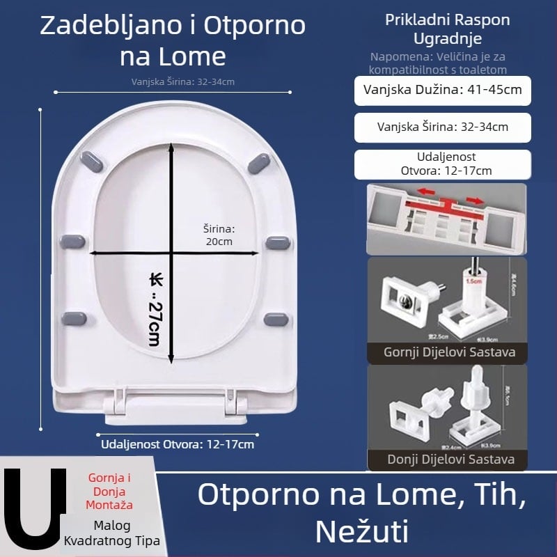 Toaletni poklopac s mekim zatvaranjem; tip UOV; od PP ploče; U-oblik; razmak rupa 8–25 mm