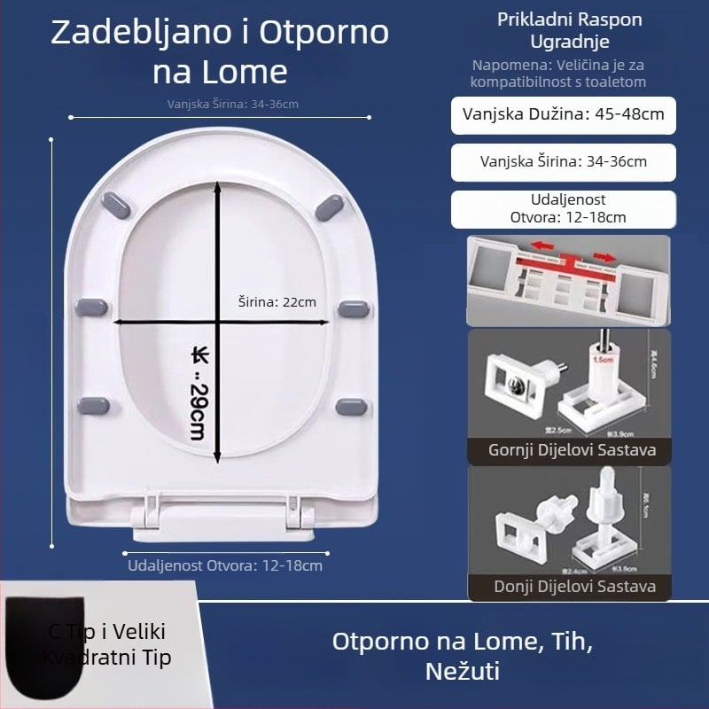 Toaletni poklopac s mekim zatvaranjem; tip UOV; od PP ploče; U-oblik; razmak rupa 8–25 mm