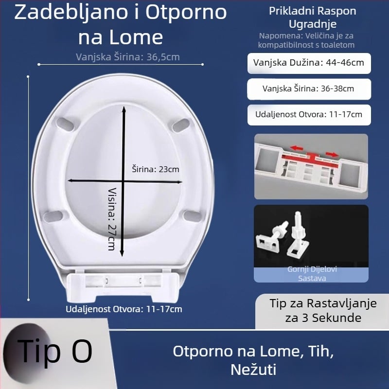 Toaletni poklopac s mekim zatvaranjem; tip UOV; od PP ploče; U-oblik; razmak rupa 8–25 mm