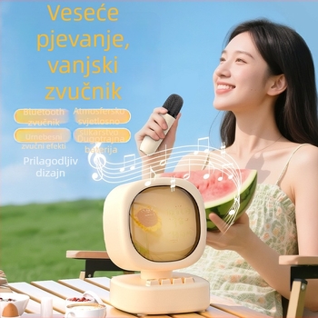 Bluetooth zvučnik s bežičnim mikrofonom za karaoke – Sve-u-jednom prenosni vanjski zvučnik; Bluetooth 5.0; Ugrađena baterija 1000–1200mAh; Snaga 5W; Frekvencijski odziv 20 Hz–20 kHz; Domet 10 m