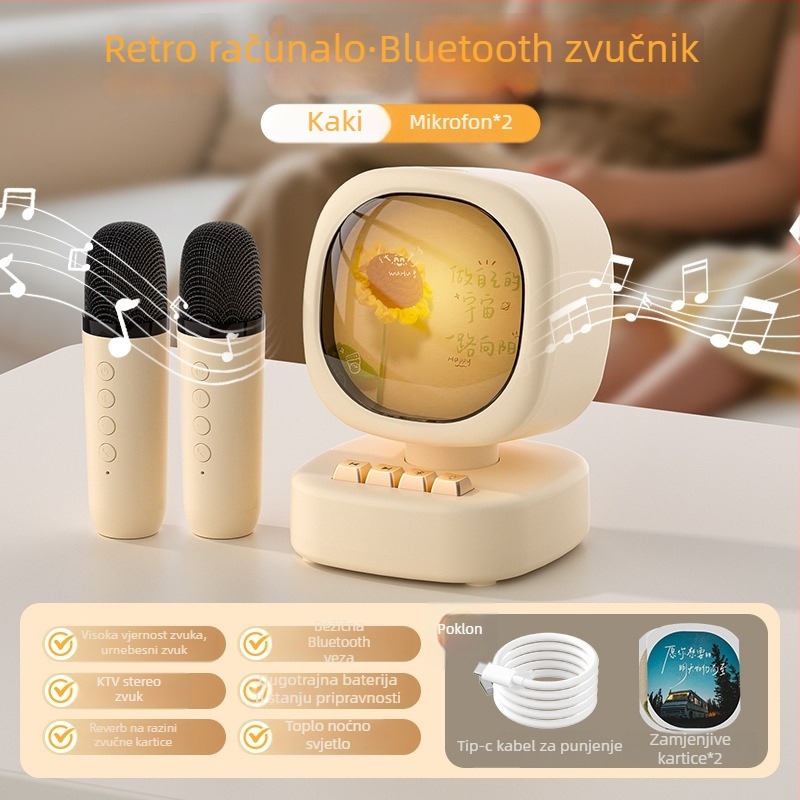 Bluetooth zvučnik s bežičnim mikrofonom za karaoke – Sve-u-jednom prenosni vanjski zvučnik; Bluetooth 5.0; Ugrađena baterija 1000–1200mAh; Snaga 5W; Frekvencijski odziv 20 Hz–20 kHz; Domet 10 m