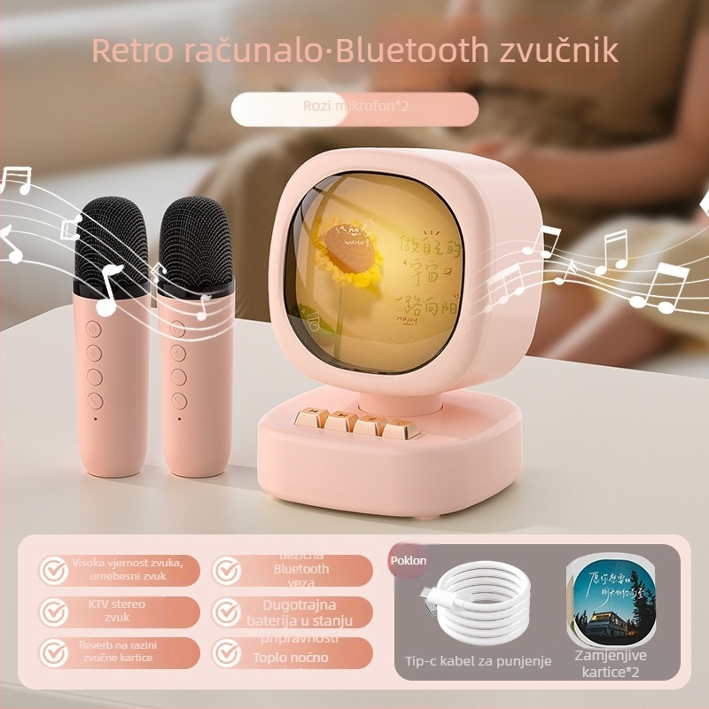 Bluetooth zvučnik s bežičnim mikrofonom za karaoke – Sve-u-jednom prenosni vanjski zvučnik; Bluetooth 5.0; Ugrađena baterija 1000–1200mAh; Snaga 5W; Frekvencijski odziv 20 Hz–20 kHz; Domet 10 m