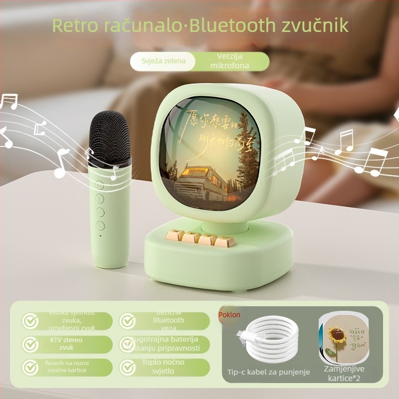 Bluetooth zvučnik s bežičnim mikrofonom za karaoke – Sve-u-jednom prenosni vanjski zvučnik; Bluetooth 5.0; Ugrađena baterija 1000–1200mAh; Snaga 5W; Frekvencijski odziv 20 Hz–20 kHz; Domet 10 m