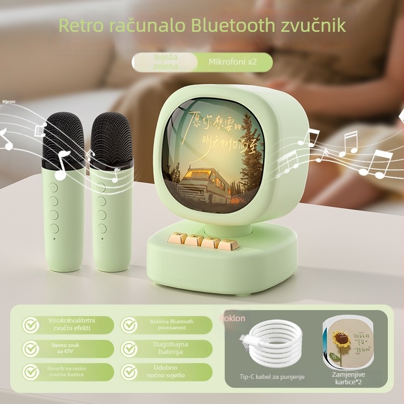 Bluetooth zvučnik s bežičnim mikrofonom za karaoke – Sve-u-jednom prenosni vanjski zvučnik; Bluetooth 5.0; Ugrađena baterija 1000–1200mAh; Snaga 5W; Frekvencijski odziv 20 Hz–20 kHz; Domet 10 m