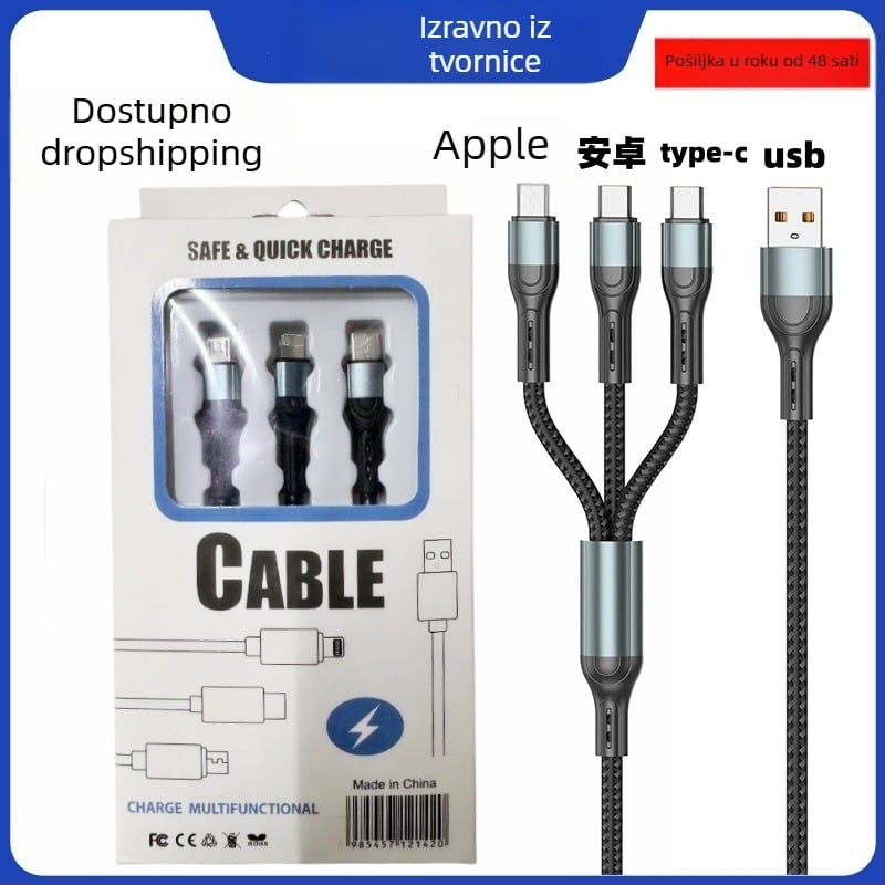 Ai line Rhino kabel za brzo punjenje i prijenos podataka 3-u-1 s Lightning, USB-C i Micro USB, kućište od aluminijske legure, automatsko isključivanje, do maksimalnog izlaza 6A