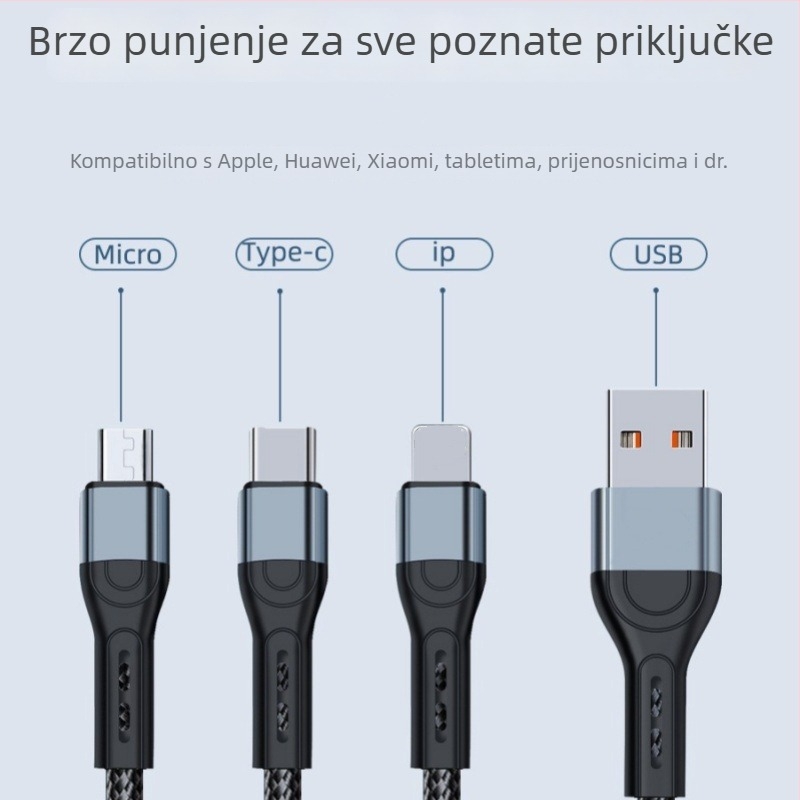 Ai line Rhino kabel za brzo punjenje i prijenos podataka 3-u-1 s Lightning, USB-C i Micro USB, kućište od aluminijske legure, automatsko isključivanje, do maksimalnog izlaza 6A