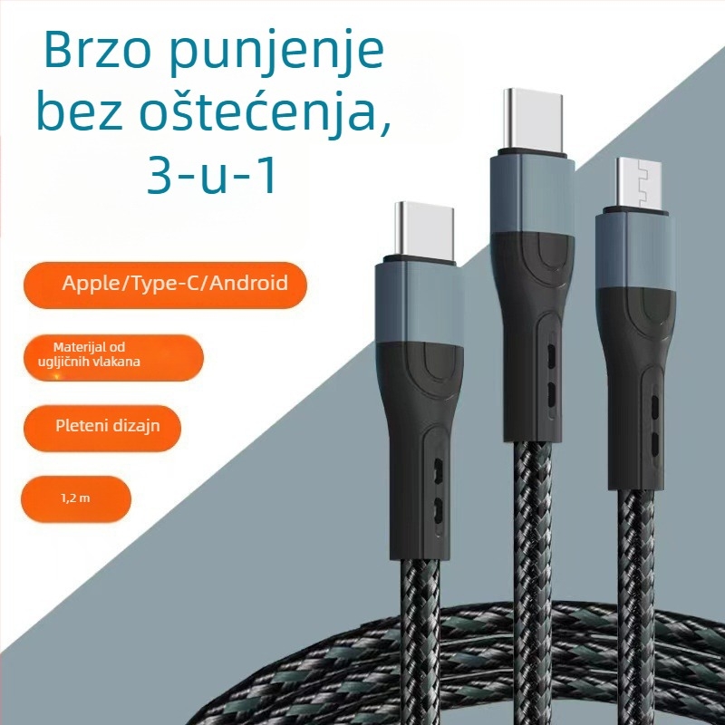 Ai line Rhino kabel za brzo punjenje i prijenos podataka 3-u-1 s Lightning, USB-C i Micro USB, kućište od aluminijske legure, automatsko isključivanje, do maksimalnog izlaza 6A