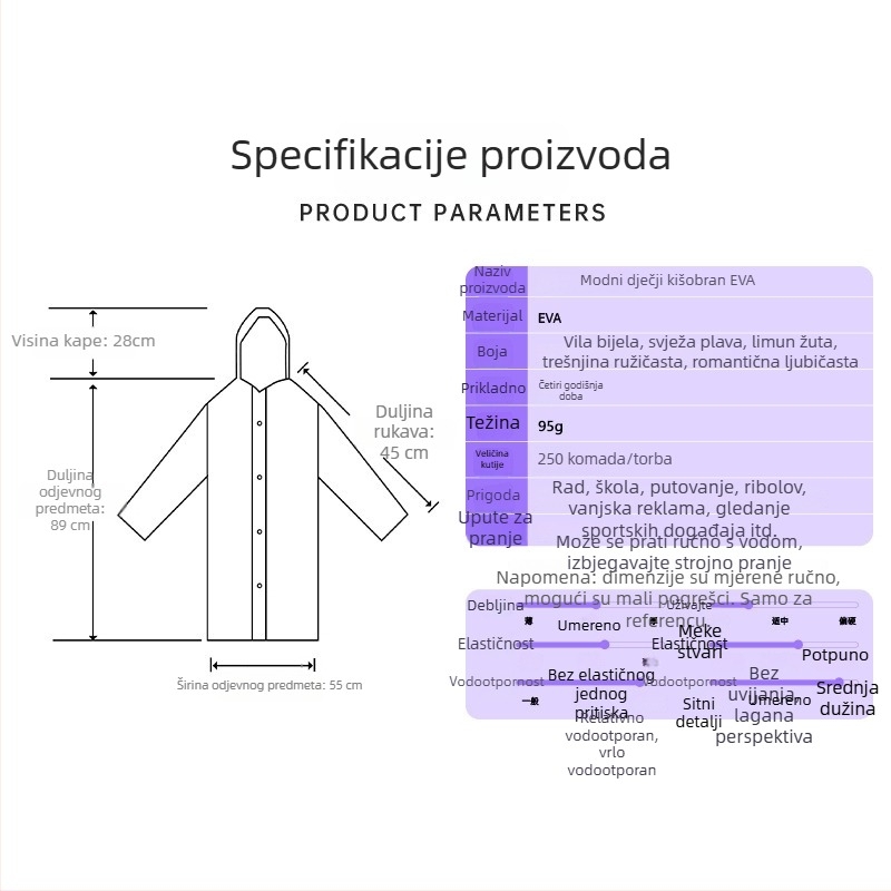 Dječje EVA kišno pončo, debeli, za ponovnu upotrebu, školska upotreba, za 1 dijete, uzrast 7–12 godina