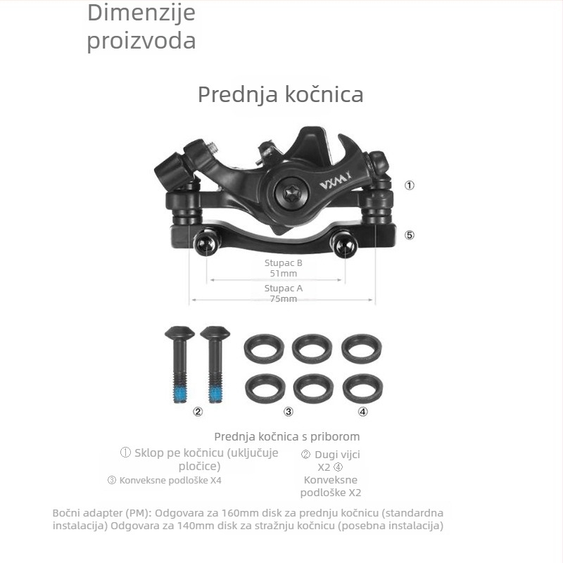 VXM Metalni kaliper za disk kočnicu za bicikl – prilagodljiva ugradnja, prednja i stražnja, za MTB