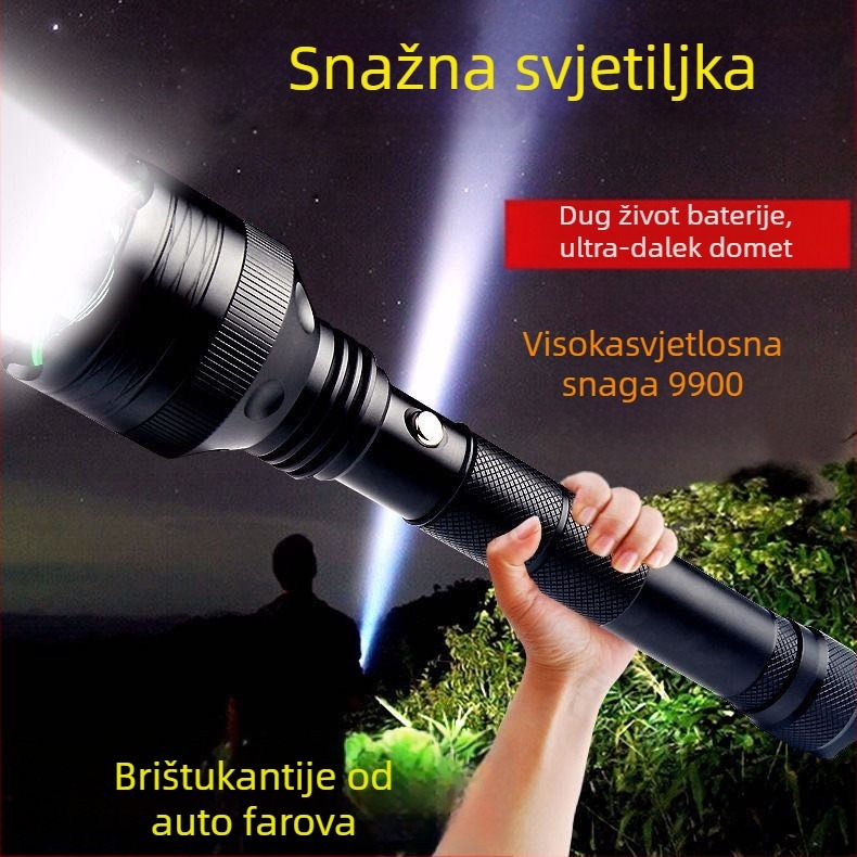 LED baterijska svjetiljka s aluminijskim tijelom, kapacitet baterije 6800, snaga 10, domet 200–500 m