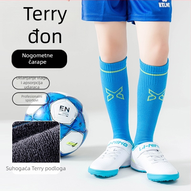 Dječje sportske čarape za nogomet s frotiranim dnom, protuklizna podloga, prozračne i upijaju znoj, duga cijevna konstrukcija, uzorak s slovima