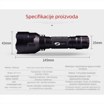 T6 LED svjetiljka, 10W, 4200mAh punjiva, aluminijska legura kućište, vodootporna, domet 200–500 m