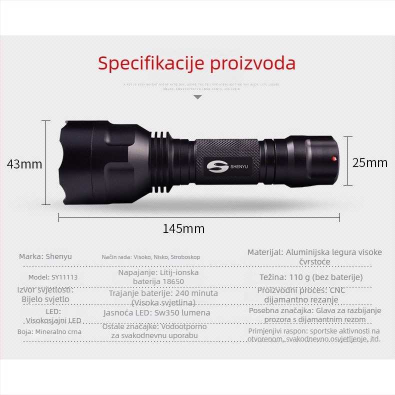 T6 LED svjetiljka, 10W, 4200mAh punjiva, aluminijska legura kućište, vodootporna, domet 200–500 m