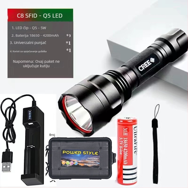 T6 LED svjetiljka, 10W, 4200mAh punjiva, aluminijska legura kućište, vodootporna, domet 200–500 m