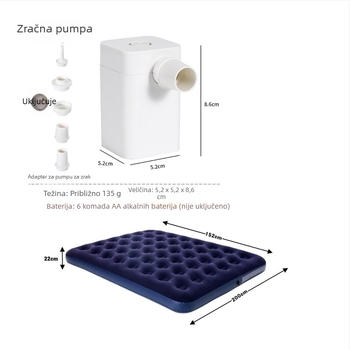 Naduvani krevet za kampiranje s flokiranom površinom, prijenosno, otporno na vlagu (Težina: približno 1.85–2.7 kg; Nosivost: 250 kg; Materijal: PVC; Površina: flokirana)