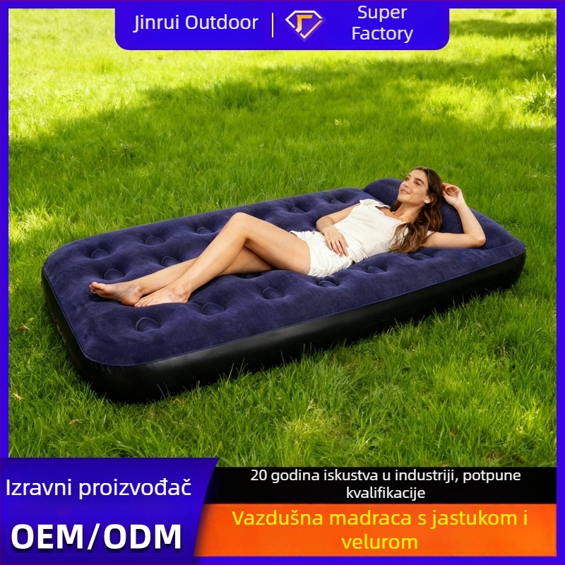 Kamping nadduvna madrac s flokiranom površinom, ručno napuhavanje, vanjska pumpa, nosivost 200 kg, uključuje jastuk