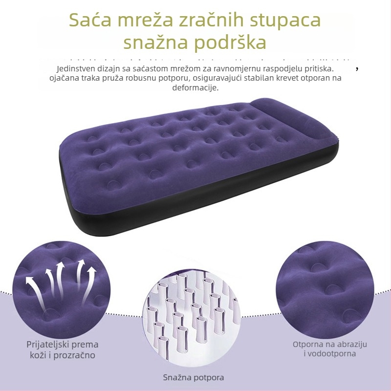 Kamping nadduvna madrac s flokiranom površinom, ručno napuhavanje, vanjska pumpa, nosivost 200 kg, uključuje jastuk