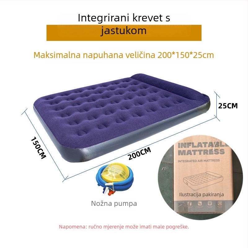 Kamping nadduvna madrac s flokiranom površinom, ručno napuhavanje, vanjska pumpa, nosivost 200 kg, uključuje jastuk