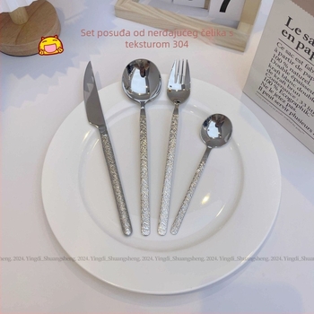 Set noževa, vilica i žlice od nehrđajućeg čelika 304 s kamenom teksturom, europski stil, čvrste ručke, uključuje desertnu žlicu