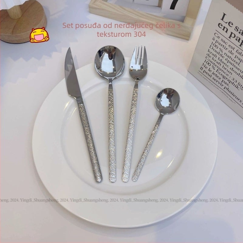 Set noževa, vilica i žlice od nehrđajućeg čelika 304 s kamenom teksturom, europski stil, čvrste ručke, uključuje desertnu žlicu