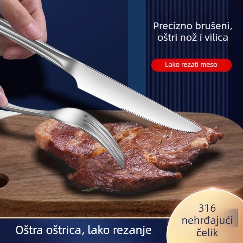 Set pribora od 316 nehrđajućeg čelika: nož, vilica i žlica, polirano ogledalo, jednostavan dizajn