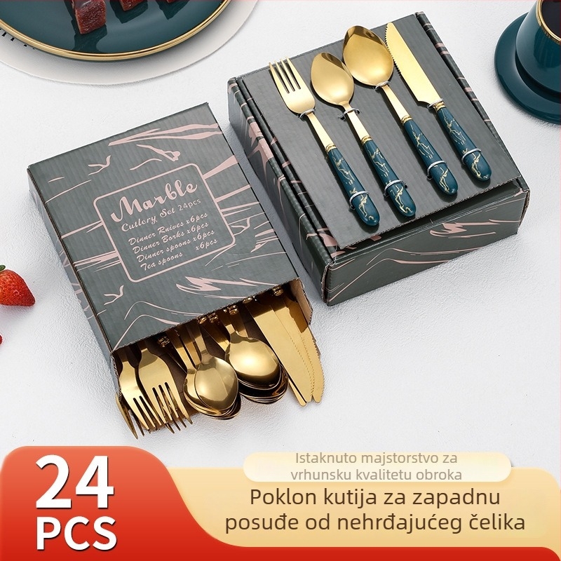 Set noževa, vilica i žlica, 24-dijelni set od nehrđajućeg čelika 410, s uzorkom mramora, ogledno-poliran završetak