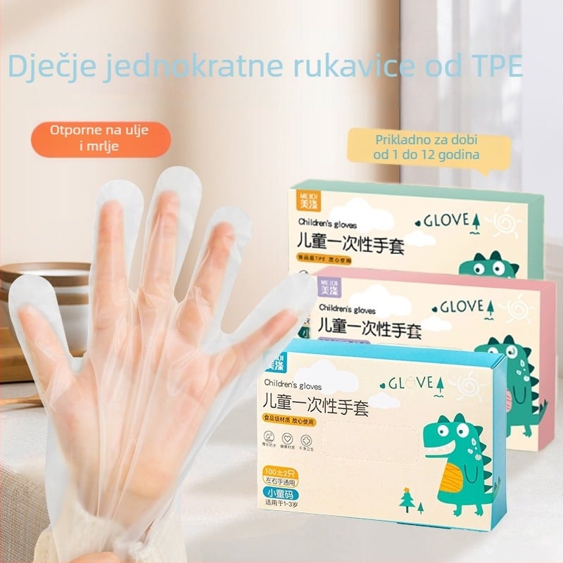 Dječje jednokratne rukavice, TPE, prehrambena kvaliteta, u kutiji, protusklizne, debljina 0,05–0,1 mm