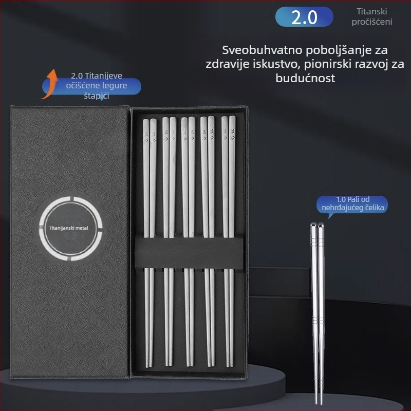 Štapići za jelo od titanijske legure, četvrtasti presjek, pjeskovani završetak, protuklizni i otporni na plijesan, u kutiji za poklon