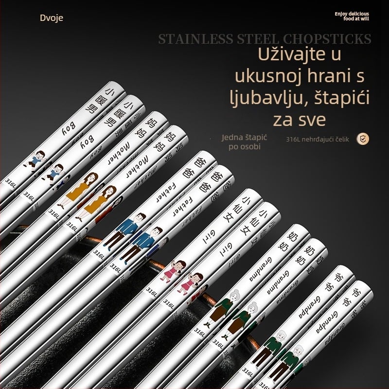 Kineske štapiće za jelo od 316L nehrđajućeg čelika, moderni minimalistički dizajn, karikatura uzorak, 1 par, ogledno polirana završna obrada