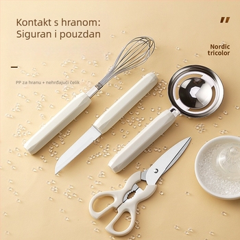 Zhituo nehrđajući čelik 6-dijelni set kuhinjskih alata za pečenje s bazom, mućnjak za jaja, sito za brašno, cedilo za jaja, nož za voće i škare