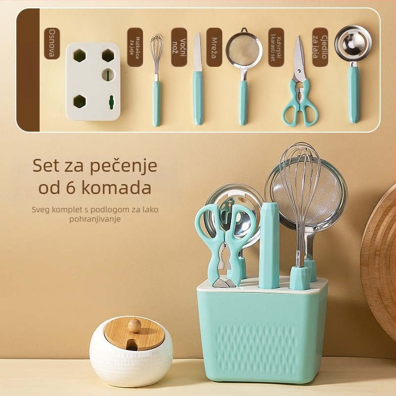 Zhituo nehrđajući čelik 6-dijelni set kuhinjskih alata za pečenje s bazom, mućnjak za jaja, sito za brašno, cedilo za jaja, nož za voće i škare