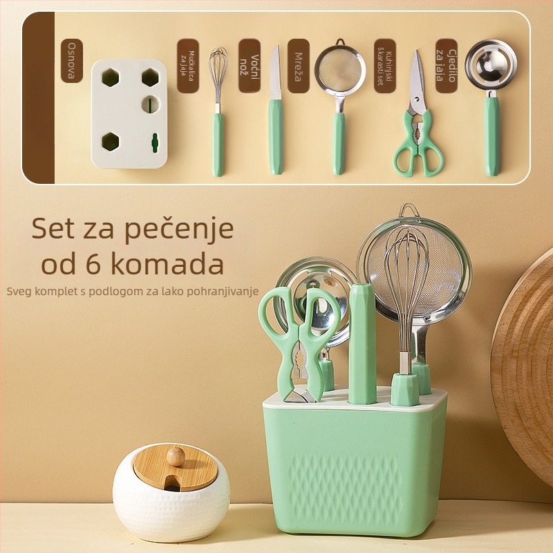 Zhituo nehrđajući čelik 6-dijelni set kuhinjskih alata za pečenje s bazom, mućnjak za jaja, sito za brašno, cedilo za jaja, nož za voće i škare