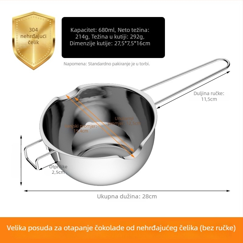 Nehrđajući čelični posuda za otapanje čokolade, okrugla, kapacitet 400 ml / 680 ml, za pečenje