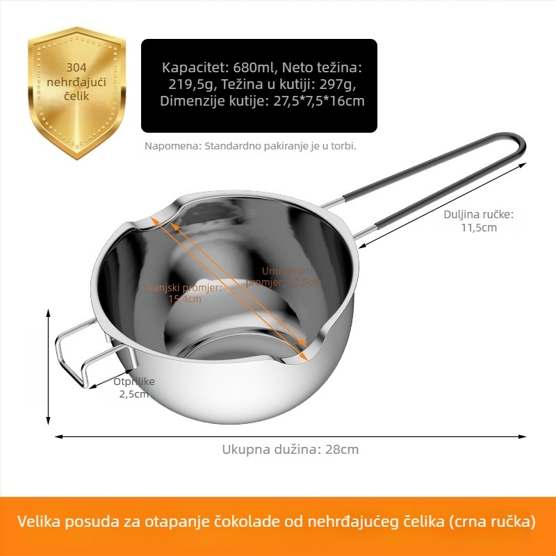 Nehrđajući čelični posuda za otapanje čokolade, okrugla, kapacitet 400 ml / 680 ml, za pečenje