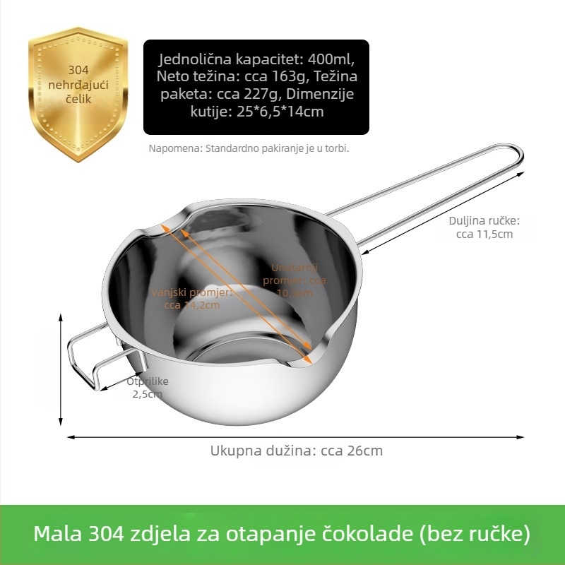Nehrđajući čelični posuda za otapanje čokolade, okrugla, kapacitet 400 ml / 680 ml, za pečenje