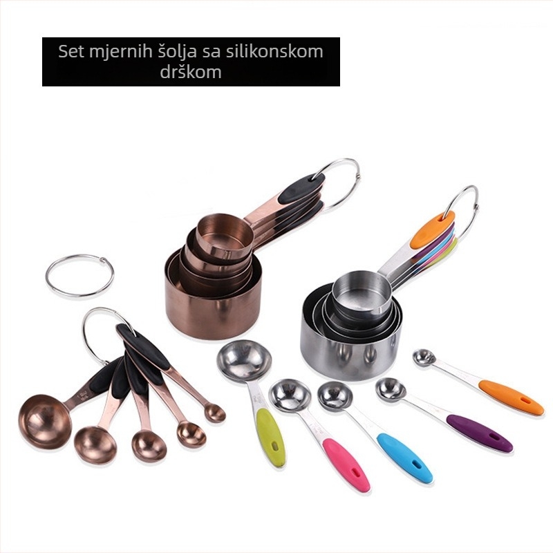 Chef set mjernih čašica i žlica od nehrđajućeg čelika s silikonim ručkama, 10-dijelni kuhinjski set za pečenje
