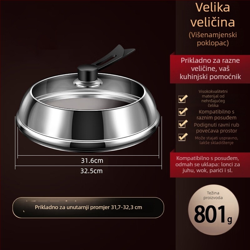 Poklop od nehrđajućeg čelika s prozirnim staklom, uzdignuti dizajn, izolirana drvena drška, 970 g