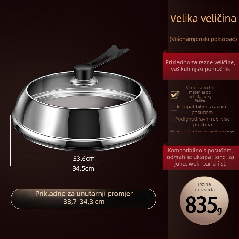 Poklop od nehrđajućeg čelika s prozirnim staklom, uzdignuti dizajn, izolirana drvena drška, 970 g