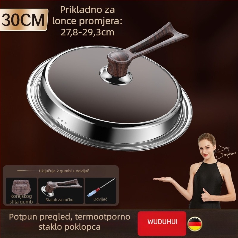 Kružni poklopac od kaljenog stakla za wok, nehrđajući čelik, otporan na visoke temperature, univerzalni