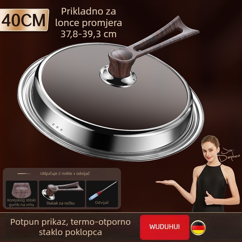 Kružni poklopac od kaljenog stakla za wok, nehrđajući čelik, otporan na visoke temperature, univerzalni