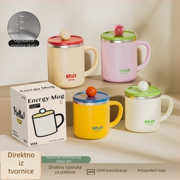 Šalica od 304 nehrđajućeg čelika s poklopcem i mjernom skalom, sladak stil za studente, velika zapremina, poklon