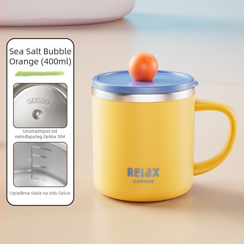 Šalica od 304 nehrđajućeg čelika s poklopcem i mjernom skalom, sladak stil za studente, velika zapremina, poklon