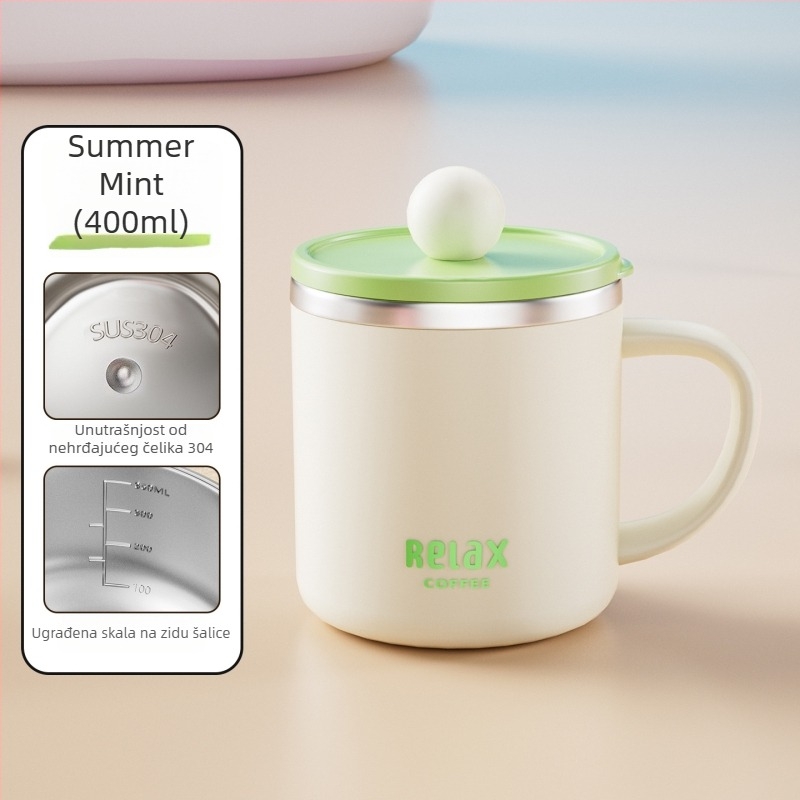 Šalica od 304 nehrđajućeg čelika s poklopcem i mjernom skalom, sladak stil za studente, velika zapremina, poklon