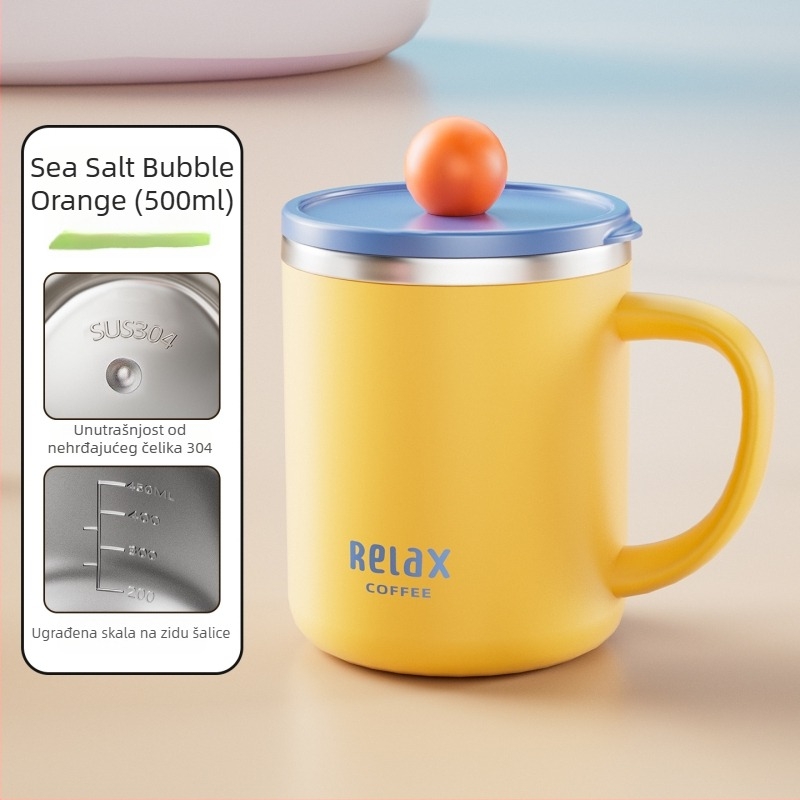 Šalica od 304 nehrđajućeg čelika s poklopcem i mjernom skalom, sladak stil za studente, velika zapremina, poklon