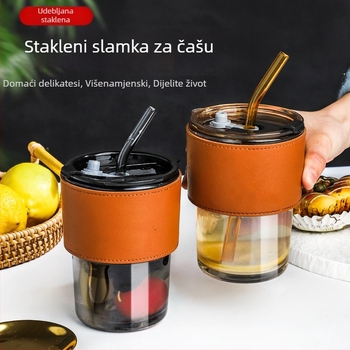Staklena čaša sa slamkom i poklopcem, toplinska otpornost, nepropusna i izolirana, jednostruka konstrukcija, s otiskom loga