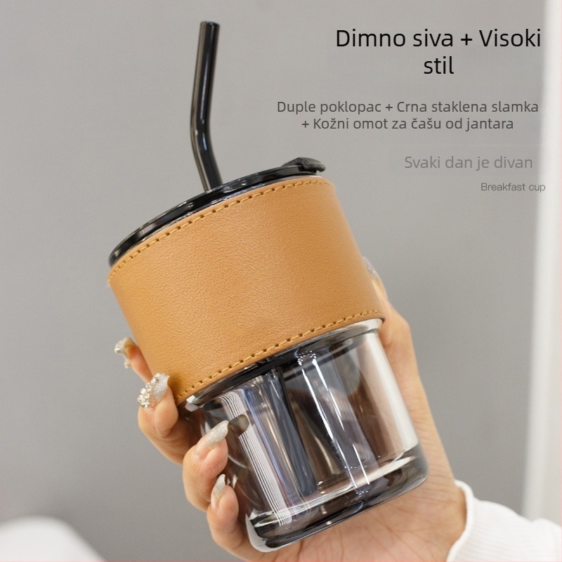 Staklena čaša sa slamkom i poklopcem, toplinska otpornost, nepropusna i izolirana, jednostruka konstrukcija, s otiskom loga